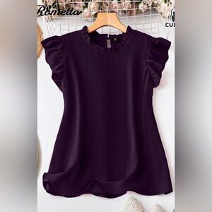 Women's Summer Solid Color Frill Trim Round Neck Cap Sleeve Casual Blouse